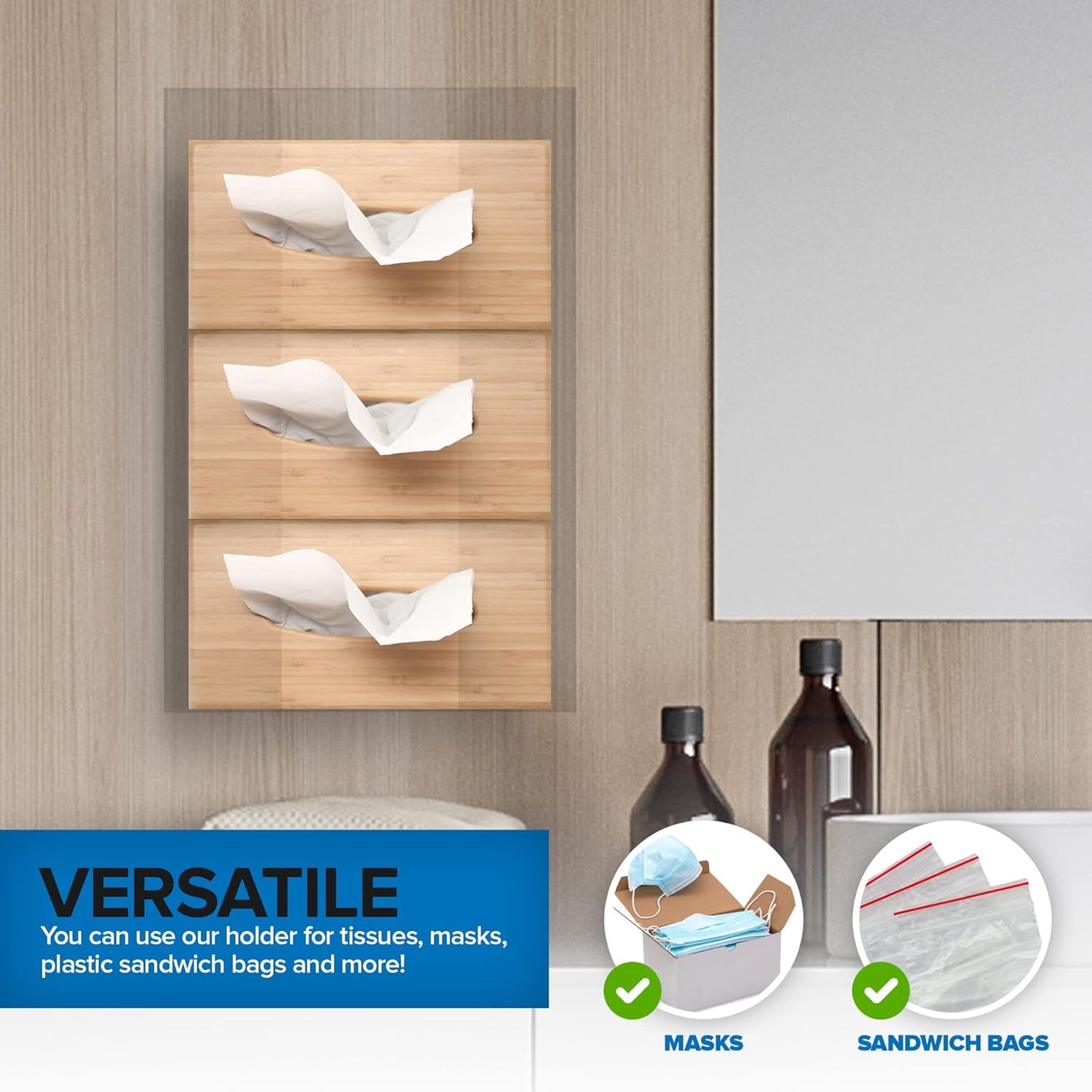 Stock Your Home Triple Acrylic Gloves Dispenser, Tissue Box Shelf, Glove Holder Wall Mount, For Kitchen, Cleaning Closet, Lab, Exam, Office