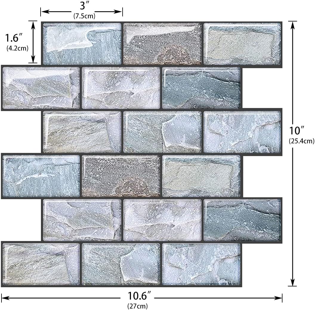 Peel and Stick Backsplash for Kitchen, Peel and Stick Tile Kitchen, Back Splash Tile for Bathroom, 3D Brick Wall Tiles Subway Tiles, 10 Sheets 10" x10.6 ﻿