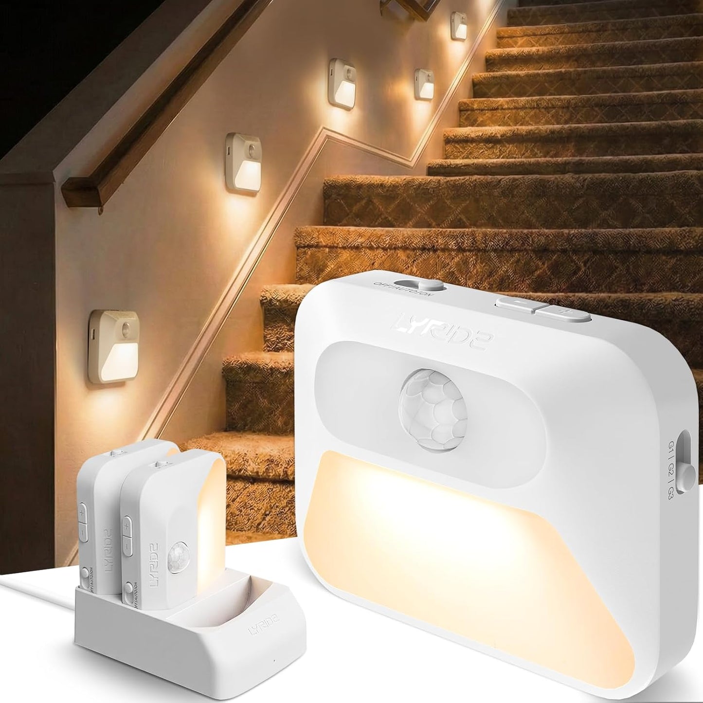 Lyridz Rechargeable Sync Motion Sensor Night Lights with 3-in-1 Charging Dock, Stepless Dimmable Indoor Step Light for Stairs, Hallway, Bathroom, Bedroom, Pets and Nursery, 3 Pack