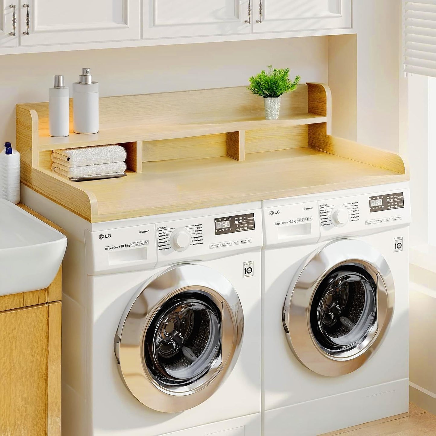 54" X 27.5" Washer and Dryer Countertop, Adjustable Laundry Countertop with Shelf, Extra Dividers, Folding Clothes Station, Over Machine Storage for Detergents & Essentials (Natural)