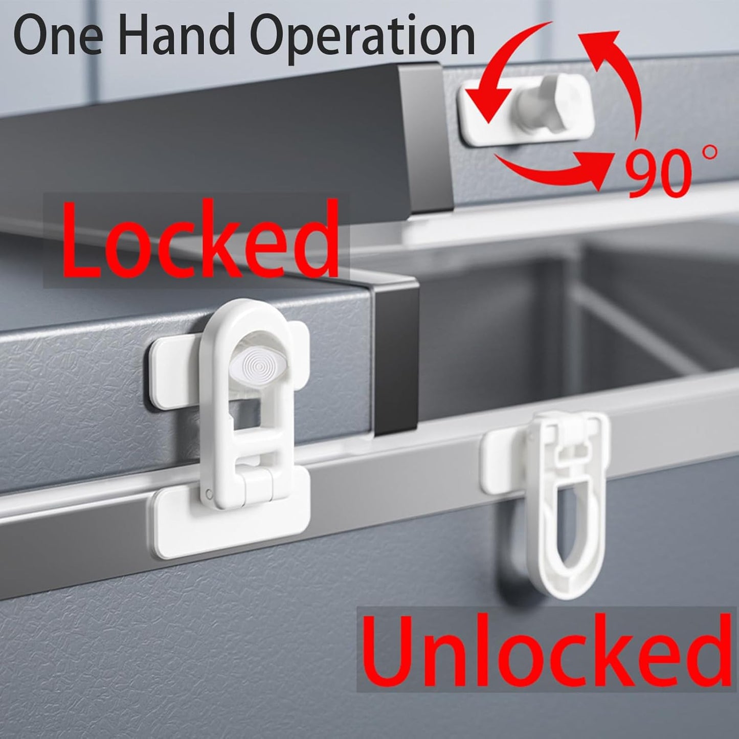 Fridge Lock, 180° Swivel RV Camper French Refrigerator Latch 90 Degree Adhesive No Drill, Baby Proofing Cabinet Freezer Oven, Renter Friendly Childproof Safety Lock for Toddler Cat 2-Pack