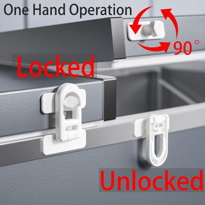 Fridge Lock, 180° Swivel RV Camper French Refrigerator Latch 90 Degree Adhesive No Drill, Baby Proofing Cabinet Freezer Oven, Renter Friendly Childproof Safety Lock for Toddler Cat 2-Pack