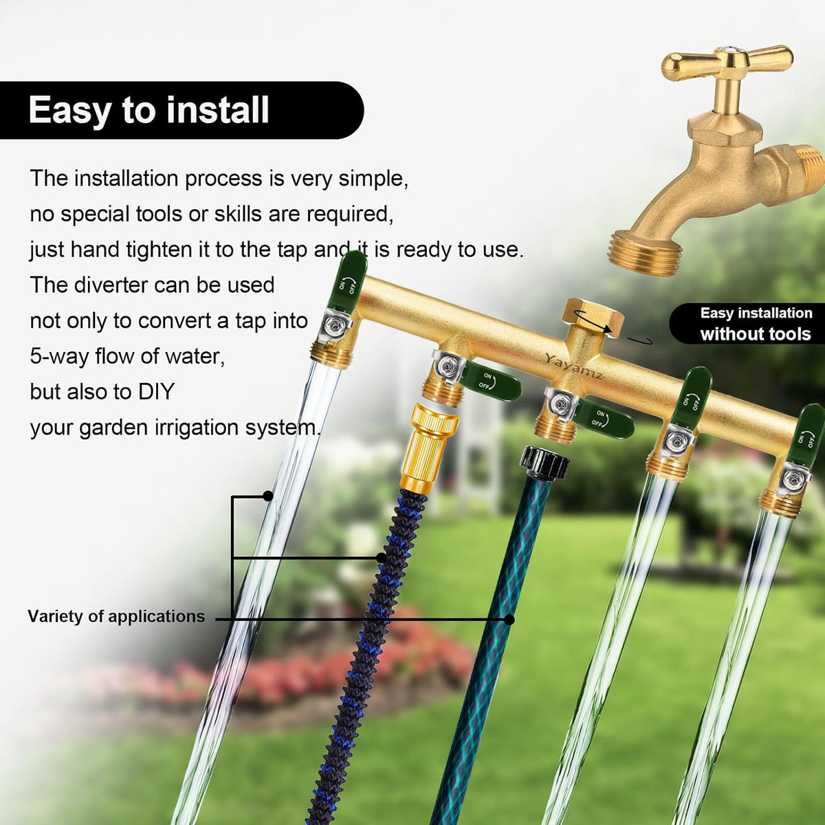 Garden Hose Splitter, 3/4” Rust and Freeze Resistant Outdoor Hose Manifold with 2 Green Extra Long Handles Faucet Adapter-Heavy Duty Brass 2-Way Valve