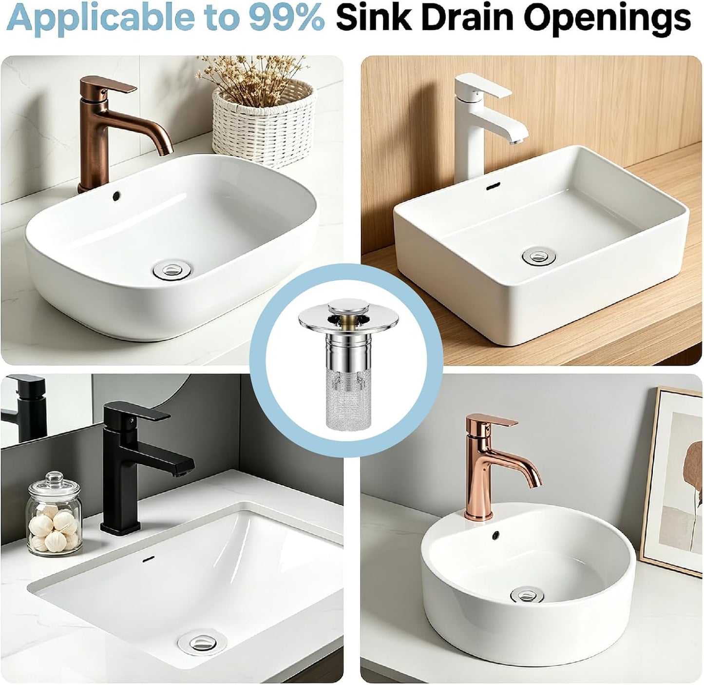 2PCS Bathroom Sink Drain Strainer, Pop-up Stopper Hair Catcher with Stainless Steel Filter Basket, Universal Replacement Drain Plug for Bathroom Sinks