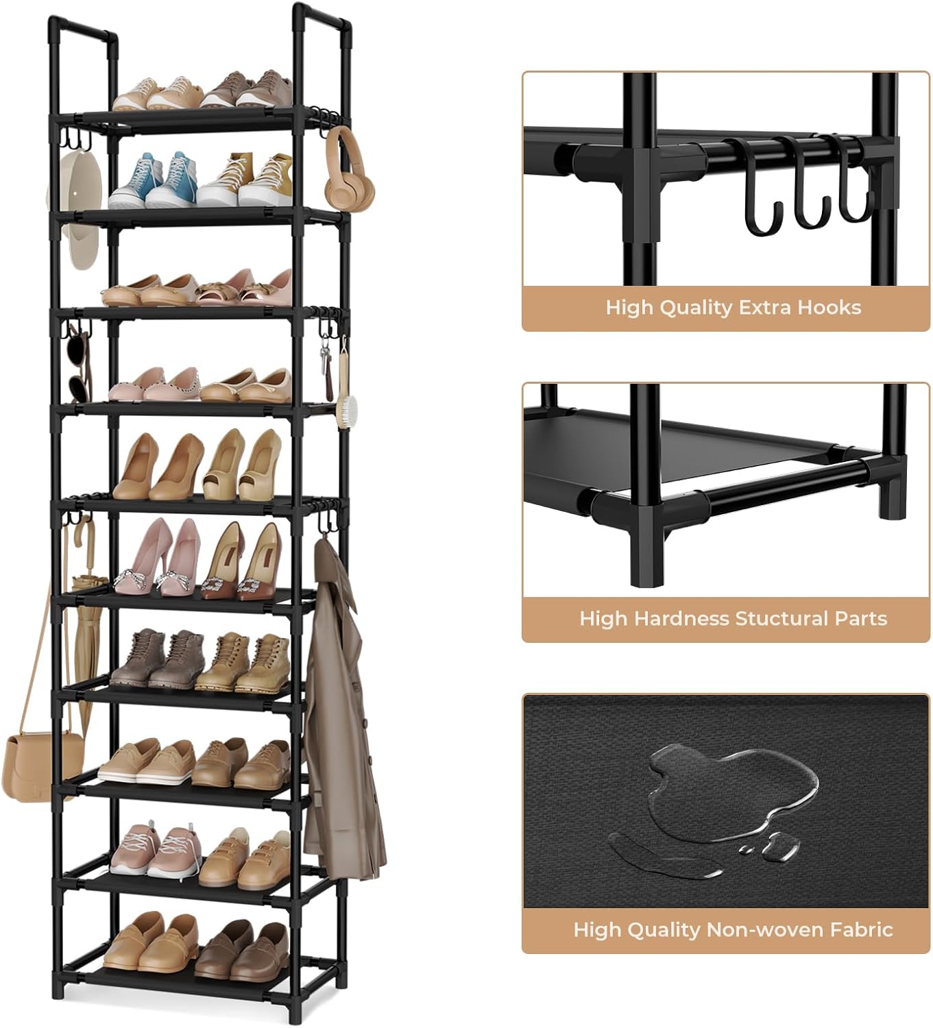 VTRIN 10 Tiers Tall Shoe Rack Holds 20-25 Pairs of Shoes Sturdy Vertical Shoe Organizer with 18pcs Hooks Stackable Narrow Shoe Rack for Closet, Entryway Black