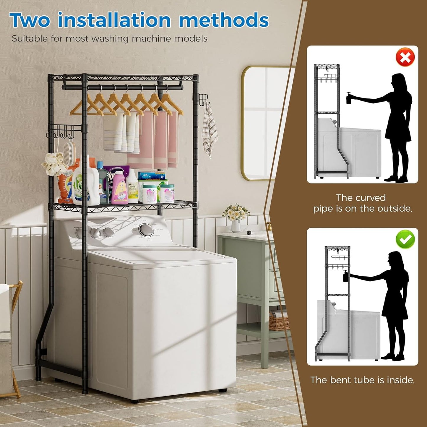 Golpart Over Washer and Dryer Shelves,Heavy Duty Laundry Room Storage Organization Clothes Drying Rack,5 Tier Adjustable Height Wire Shelving and Wire Basket with Hanger Rod&Hook,Space Saving Shelf