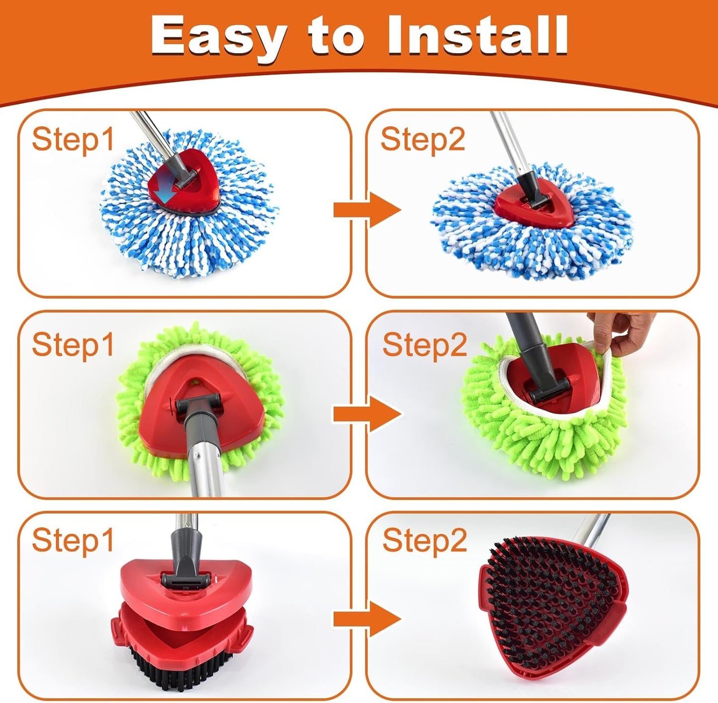 Mop Heads for O Cedar RinseClean 2 Tank Spin Mop System, 3 Microfiber Mop Head Refills and 3 Chenille Mop Pads,1 Scrub Brush, and 1 Mop Base with Mop Handle Set Combo