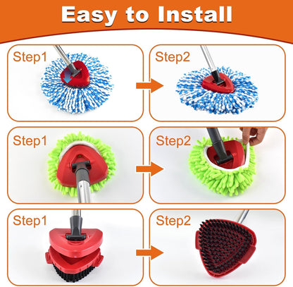 Mop Heads for O Cedar RinseClean 2 Tank Spin Mop System, 3 Microfiber Mop Head Refills and 3 Chenille Mop Pads,1 Scrub Brush, and 1 Mop Base with Mop Handle Set Combo