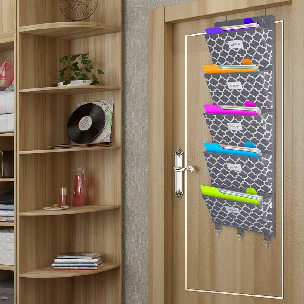 homyfort Over the Door File Organizer, Wall Hanging File Folders with 5 Large Pocket for Mails, Magazines, Back to School Supplies,Office Chart Storage, Paper Organization (Grey)