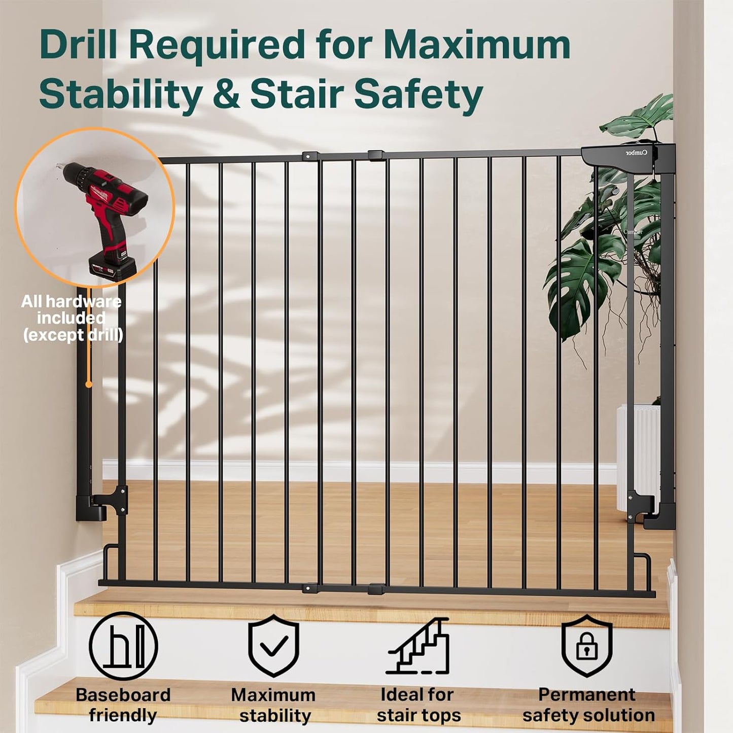 Cumbor 29.2–43" Baby Gate for Stairs, Hardware Mounted (Drill Required), Expandable No Bottom Bar Dog Gate, Auto Close Extra Wide Walk Thru, Pet & Toddler Proof Gate, Top & Bottom of Stairways (White)