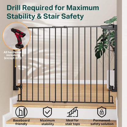 Cumbor 29.2–43" Baby Gate for Stairs, Hardware Mounted (Drill Required), Expandable No Bottom Bar Dog Gate, Auto Close Extra Wide Walk Thru, Pet & Toddler Proof Gate, Top & Bottom of Stairways (White)