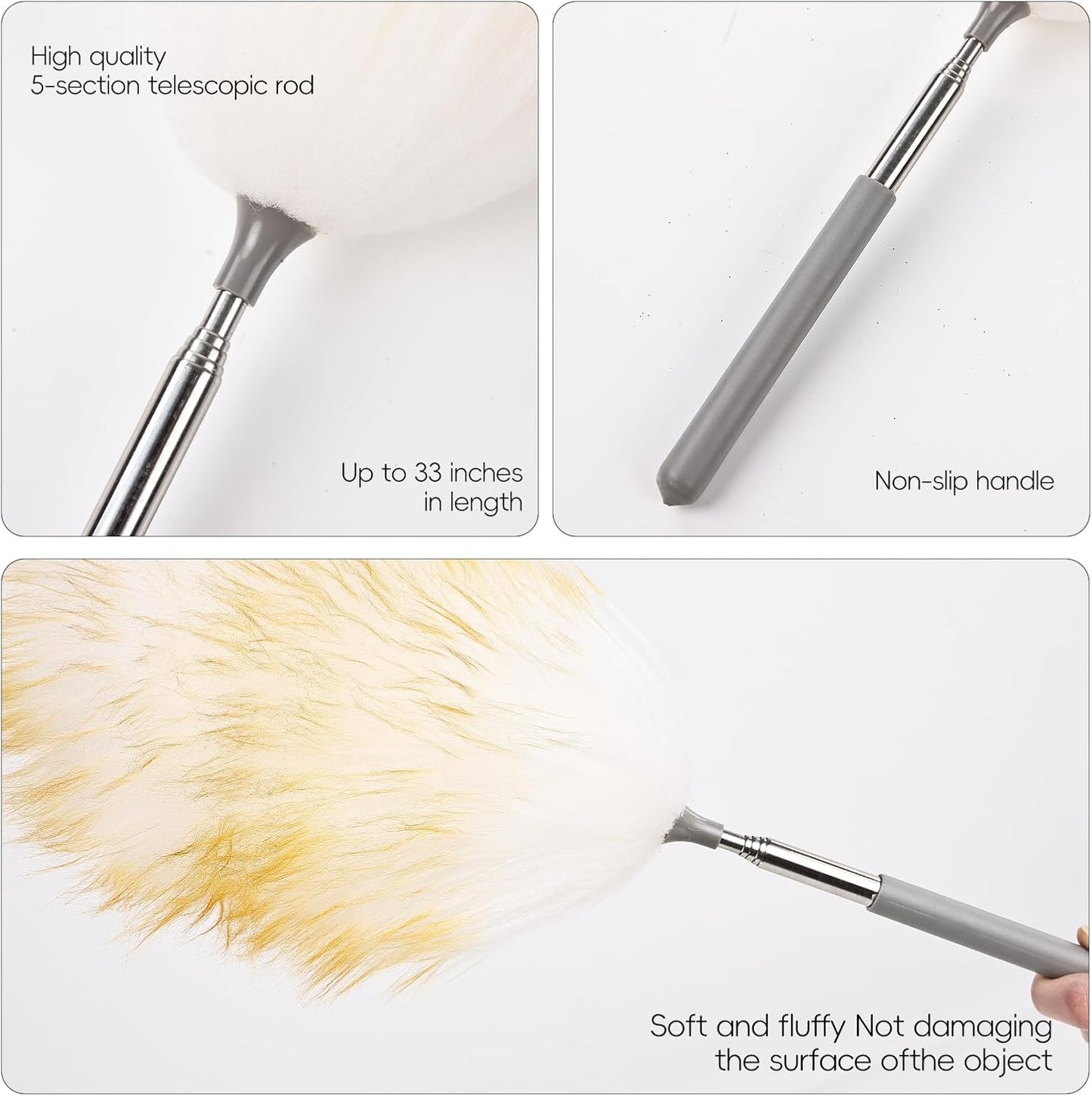 Extendable Lambswool Duster 29-110 Inch,Anti-Static Flexible Head, Stainless Steel Pole for Cleaning High Ceiling,Fan,Furniture,Roof Dusting