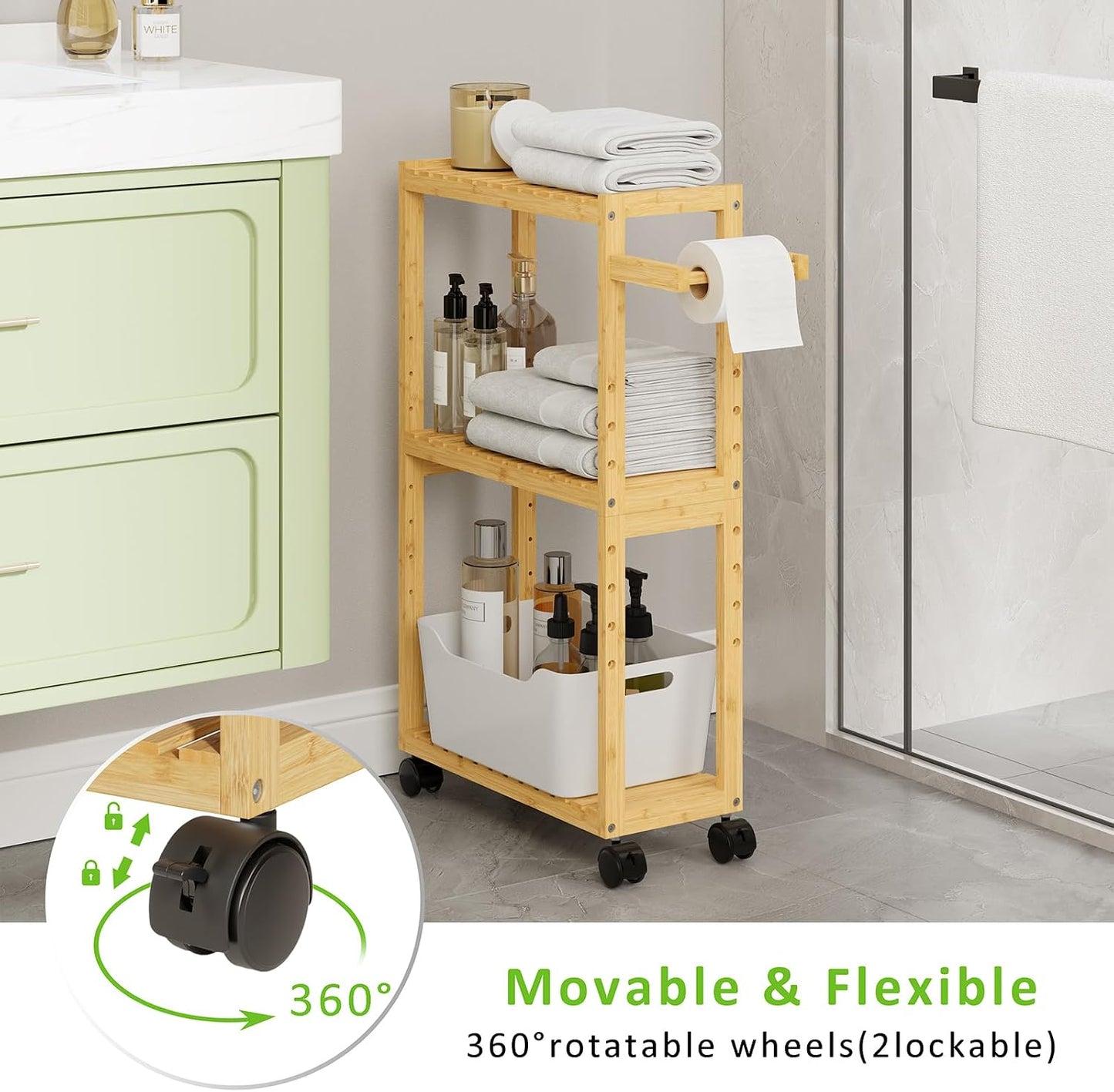 RRX Toilet Paper Holder with 3 Tier,16.14''Dx7.08''Wx28.35''H (Beige) | Small Bathroom Rolling Bamboo Mobile Storage Corner Shelf Cabinet for Narrow Spaces, Freestanding Slim Kitchen Organizer
