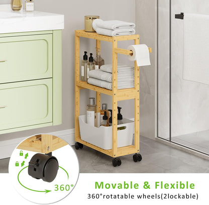 RRX Toilet Paper Holder with 3 Tier,16.14''Dx7.08''Wx28.35''H (Beige) | Small Bathroom Rolling Bamboo Mobile Storage Corner Shelf Cabinet for Narrow Spaces, Freestanding Slim Kitchen Organizer