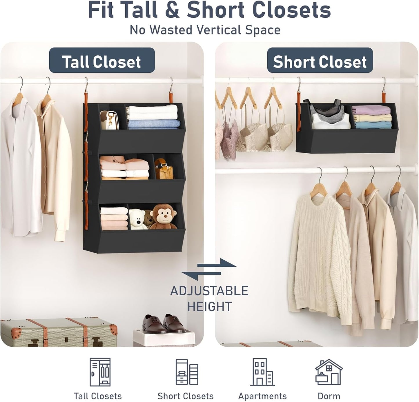 Hanging Closet Organizer Extra Large, Clothes Hanging Shelves for Closet with Divider, Collapsible Closet Storage System, Fabric Closet Hanging Organizer for Home, Dorm, Rv, ,Handbags, Underwear, Sock