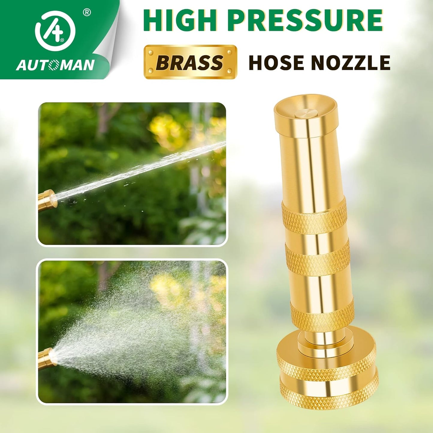 AUTOMAN Brass Hose Nozzle - High Pressure Jet Nozzle 4 Count (2 Set), Heavy Duty Water Hose Sprayer Sweeper with Hose Shutoff Valve, 3/4” GHT Nozzles for Garden Hose, Car Wash, Extra 10 Rubber Washers