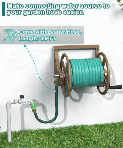 Artigarden Garden Hose Reel Wall Mounted, Outdoor Heavy Duty Powder Coated Metal Water Hoses Holder Winder Holds 125 ft 5/8" Hoses with 3.9ft Leader Hose, Stainless Steel Connector for Outside, Black