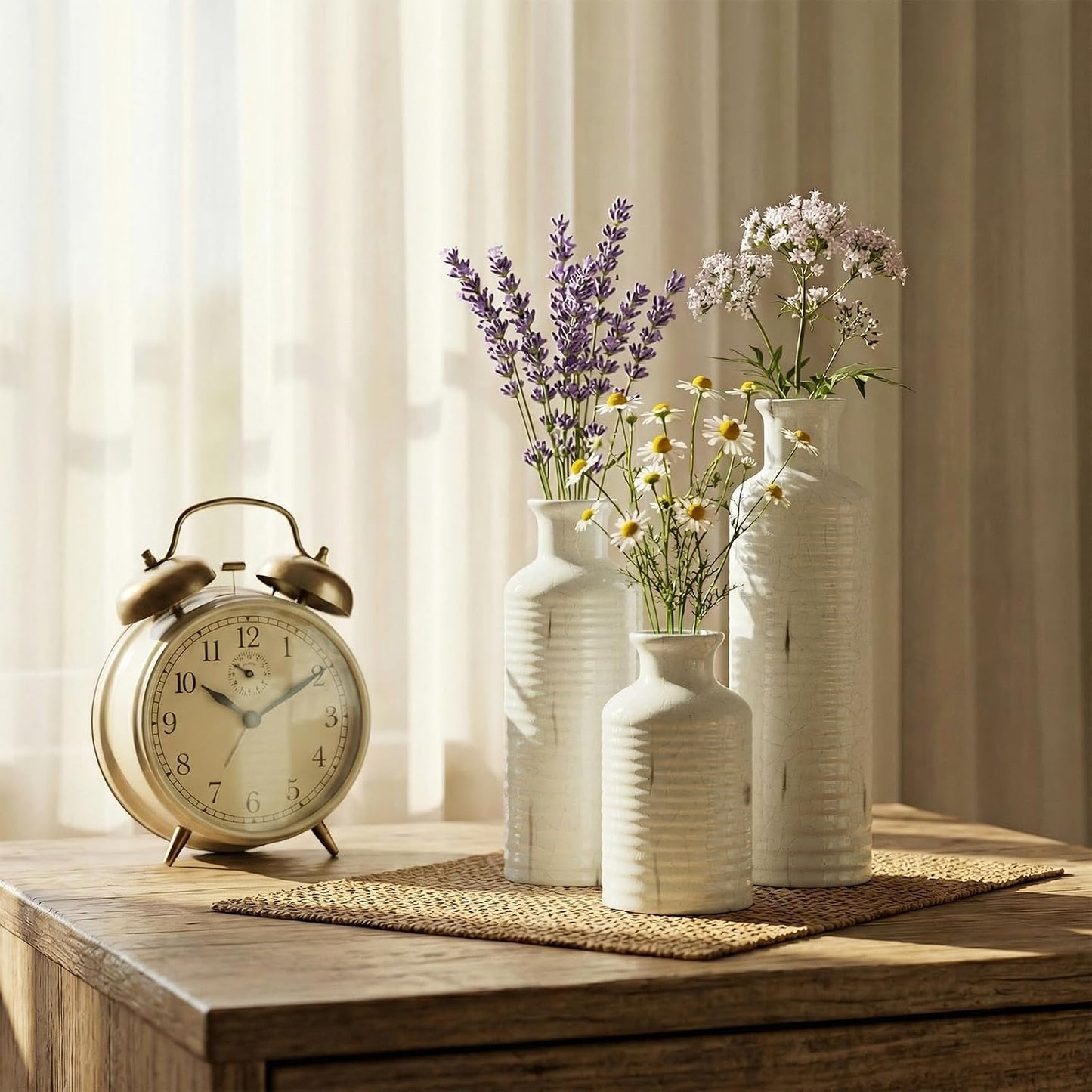 Firehold Ceramic Vase Set of 3, Rustic Farmhouse Boho Vases, Textured Country Home Decor, Small Decorative Vases for Shelves Mantel Table, Gift Set for Dried Pampas Grass & Fresh Flowers (White)