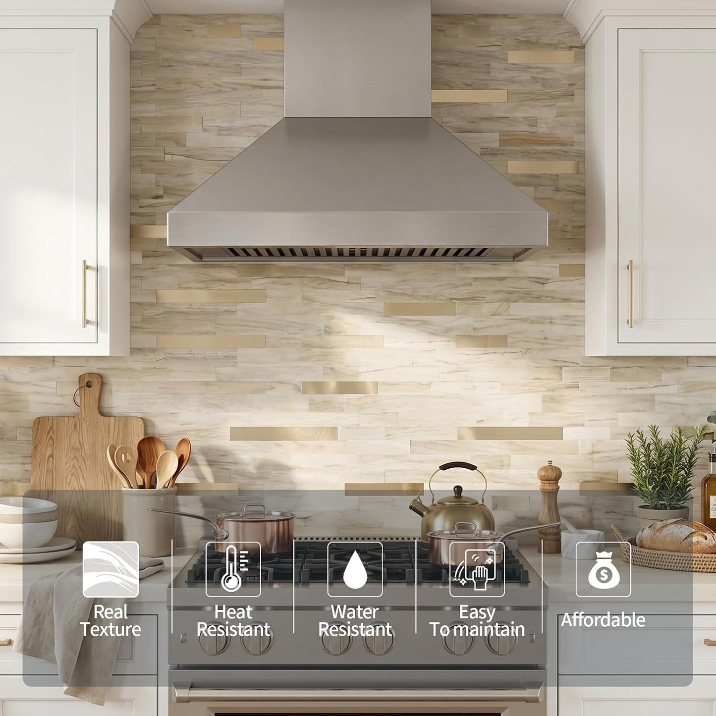 Yipscazo 2026 New Upgrade 11.34" X 11.57" Peel and Stick Backsplash, Stick on Backsplash Tiles for Kitchen, Bathroom, Fireplace (10 Sheets, Beige Rocks + Rose Gold)
