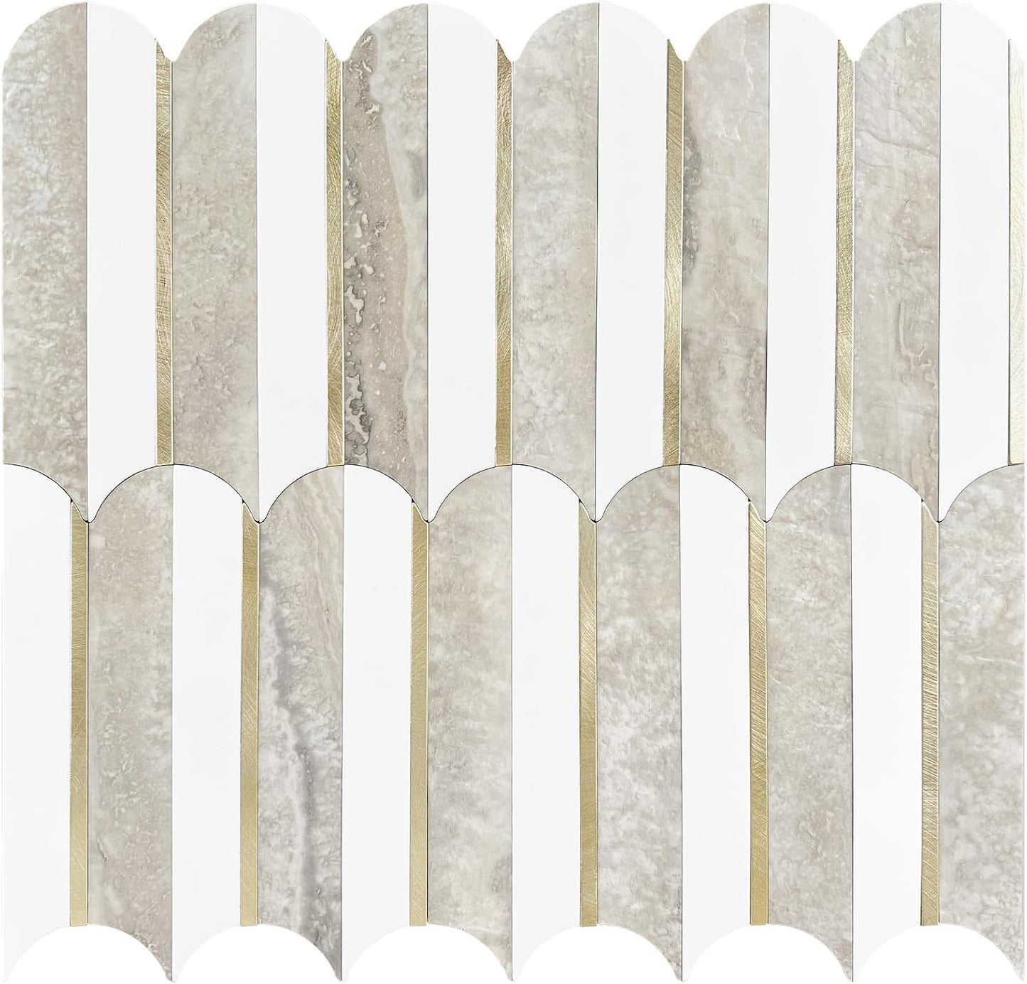 Vamos Peel and Stick Backsplash Seamless Tile for Kitchen and Bathroom,White and Beige Slate PVC Mixed Light Gold Self Adhesive Fish Scale Metal Mosaic Tiles (10 Sheets)