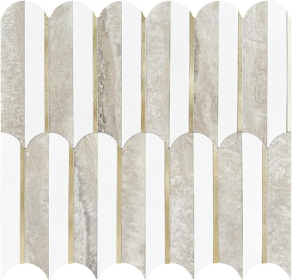 Vamos Peel and Stick Backsplash Seamless Tile for Kitchen and Bathroom,White and Beige Slate PVC Mixed Light Gold Self Adhesive Fish Scale Metal Mosaic Tiles (10 Sheets)
