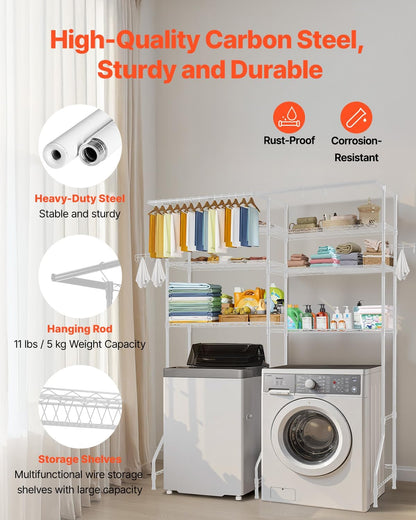 VEVOR Over Washer and Dryer Storage Shelves, 6 Tiers Laundry Room Drying Rack with Hanger Rod and Hooks, Two Rows Adjustable Washer Shelves Space Saver, for Laundry Room Storage & Organization, Black