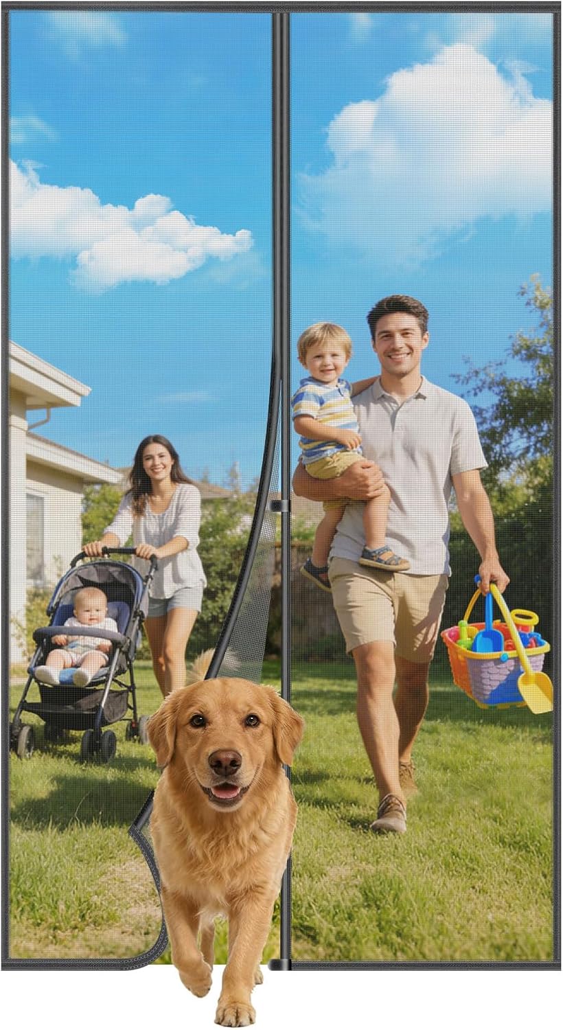 Magnetic Screen Door - 38"x83" Heavy Duty Mesh for Entry Front Back Patio Sliding Door, Self Sealing Hands Free, Bug Proof, Windproof Clips, No Drill Easy Install, Pet & Child Friendly, Black