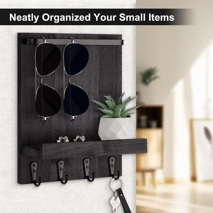 Key Holder Wall Mount, Key Holder for Wall with 4 Hooks, Farmhouse Key Hanger Holds Dog Leash, Sunglasses – Decorative Mail Organizer Home Decor (Black)