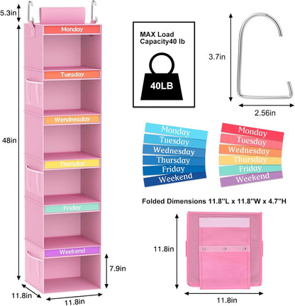 Fixwal 6-Shelf Weekly Clothes Organizer for Kids, Kids Daily Shelf Hanging Closet Organizer with 6 Side Pockets, Days of The Week Hanging Storage Shelves (Pink)
