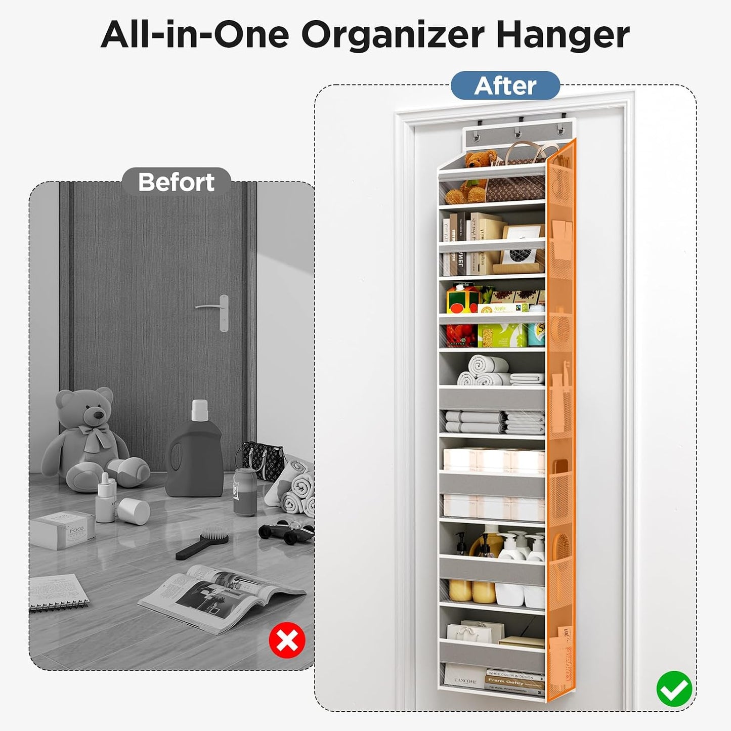 6 Tiers Over The Door Organizer, Heavy Duty Hanging Organizer Storage with Large Capacity Pockets, Behind Door Storage Hanging Shelves for Closet Wall Bathroom Bedroom Nursery Pantry, 1 Pack Grey