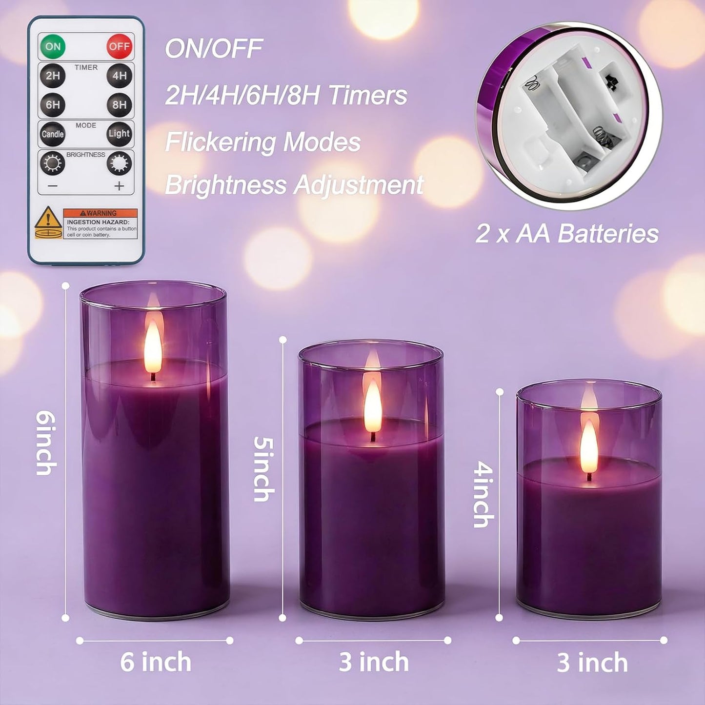 Homemory Green Glass Flameless Candles, Battery Operated LED Pillar Candles with Remote Control and Timer, Radiance Candles, Real Wax, Set of 3,D3 xH4 5" 6"