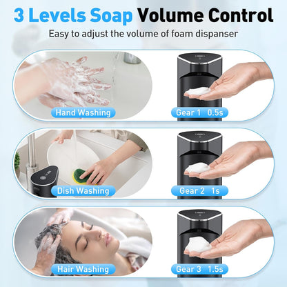 Automatic Soap Dispenser,Touchless Hand Wall Mount Rechargeable 3 Gear Adjustable Electric Soap Dispenser 350ml with Infrared Motion Sensor for Bathroom,Kitchen,Office,Black Foam