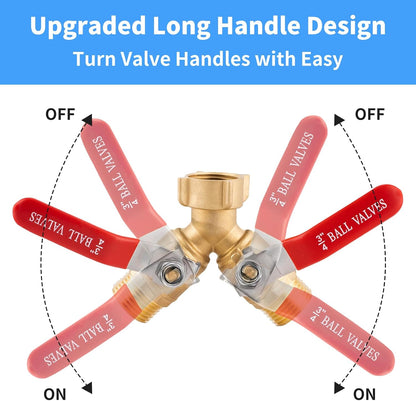 Garden Hose Splitter 2 Way Heavy Duty, Solid Brass Faucet Splitter with Shutoff, Outdoor Full Flow Y Valve Water Hose Splitter Adapter With Long Handle 3/4" GHT Thread