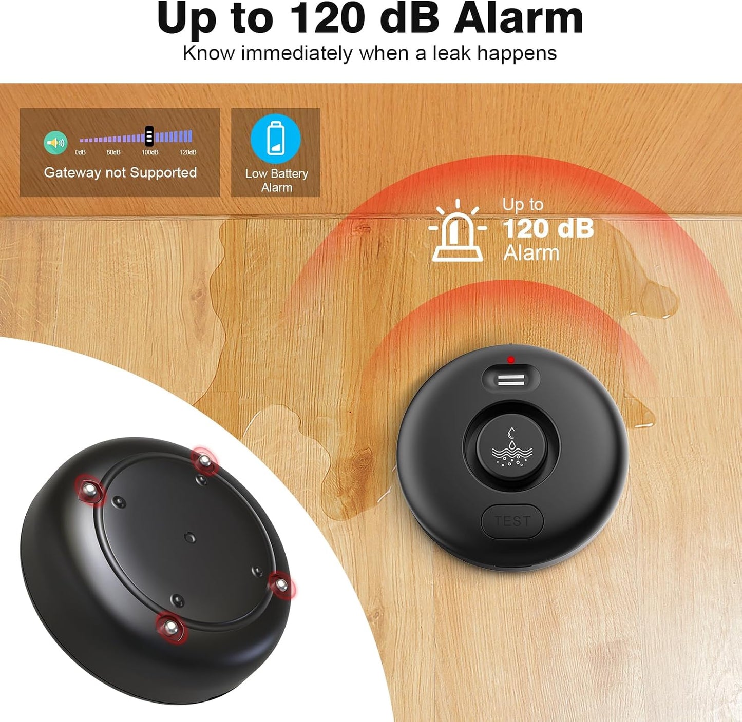 RUIKORING Water Leak Detectors for Home 4 Pcak, 120dB Adjustable Loud Alert Water Sensor, IP66 Waterproof Water Alarm, Easy Installation for Home, Bathroom, Sink, Basement Flood Prevention, Laundry