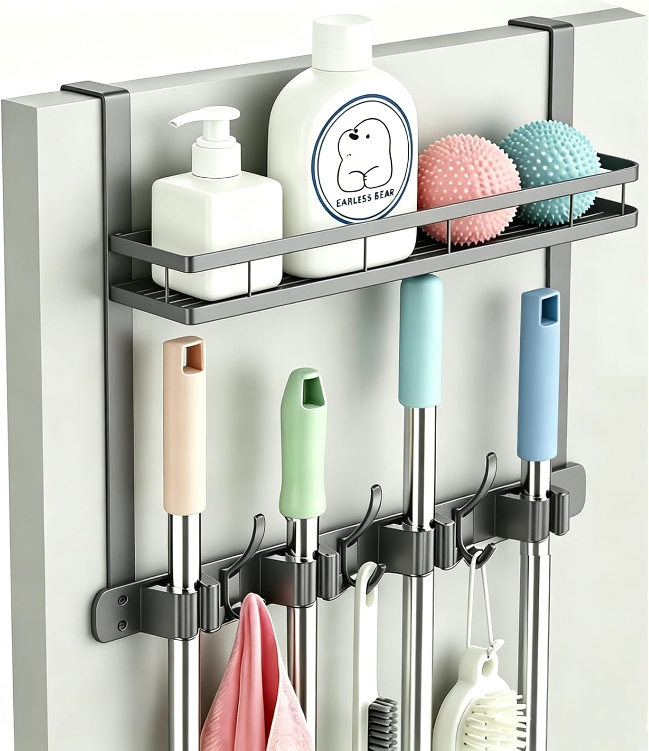 Over the Door Heavy Duty Metal Broom & Mop Holder, No-Drill Cleaning Supply Organizer with 4 Grips, 3 Hooks & 1 Storage Basket for Laundry Room & Garage