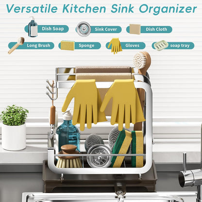 PureBox Sponge Holder for Kitchen Sink with Auto-Drain, 2-Tier Extra-Wide 3-Bar Stainless Steel Rustproof Sink Organizer & Sink Caddy, Countertop Must-Have with Removable Drip Tray (9.45" x 6.5")