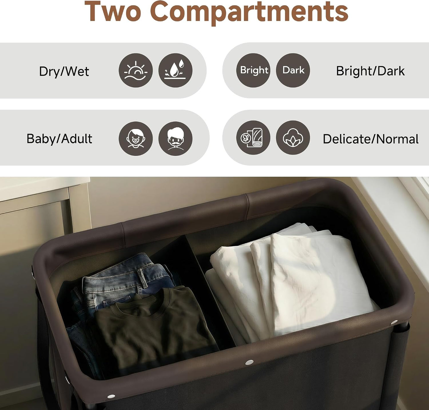 StorageWorks 3 Section Laundry Hamper, Rolling Laundry Cart with Wheels and Handles, Laundry Room Double Sorter for Organizer and Storage, 31.7 Gal(120L), Beige