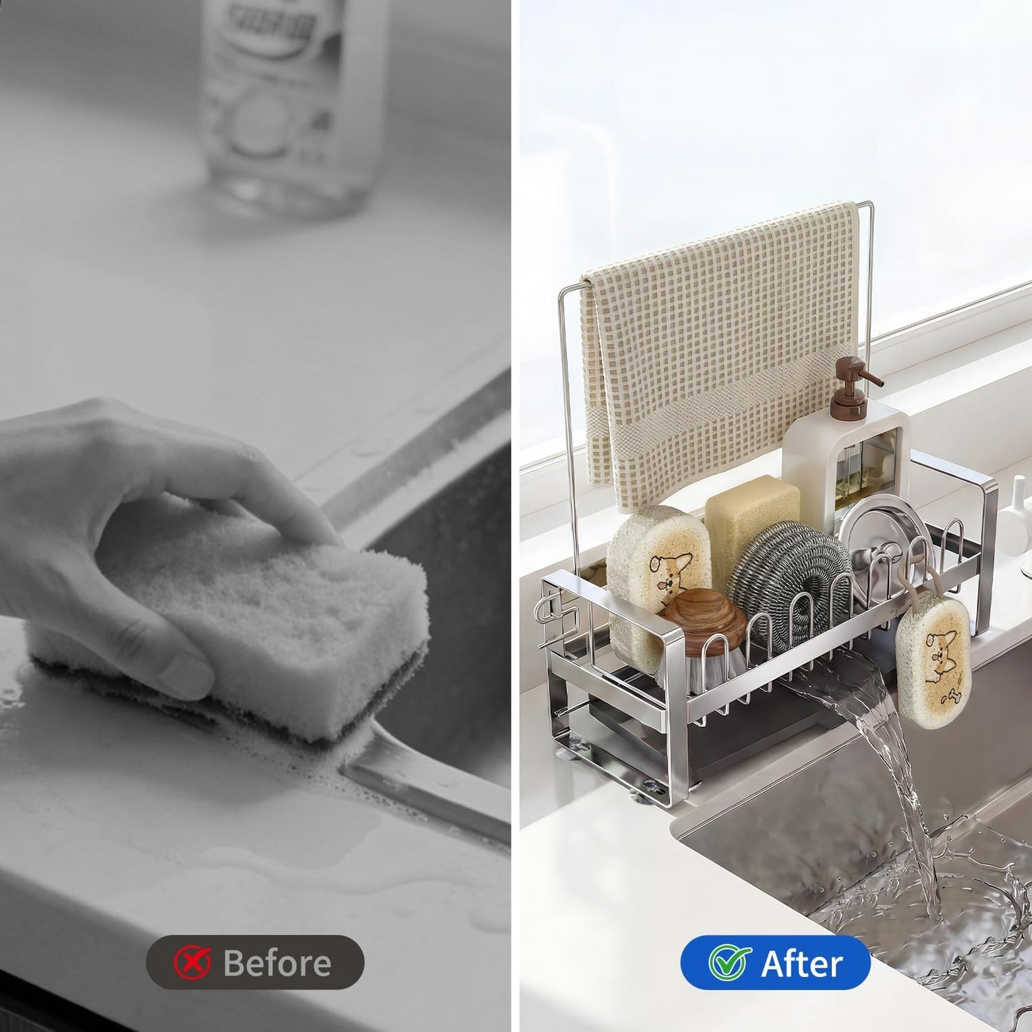 Sponge Holder for Kitchen Sink,Suction Cup 304 Stainless Steel Sink Caddy with Dishcloth Holder, Self Drain Tray Sink Oragnizer for Countertop, Soap Dispenser Storage