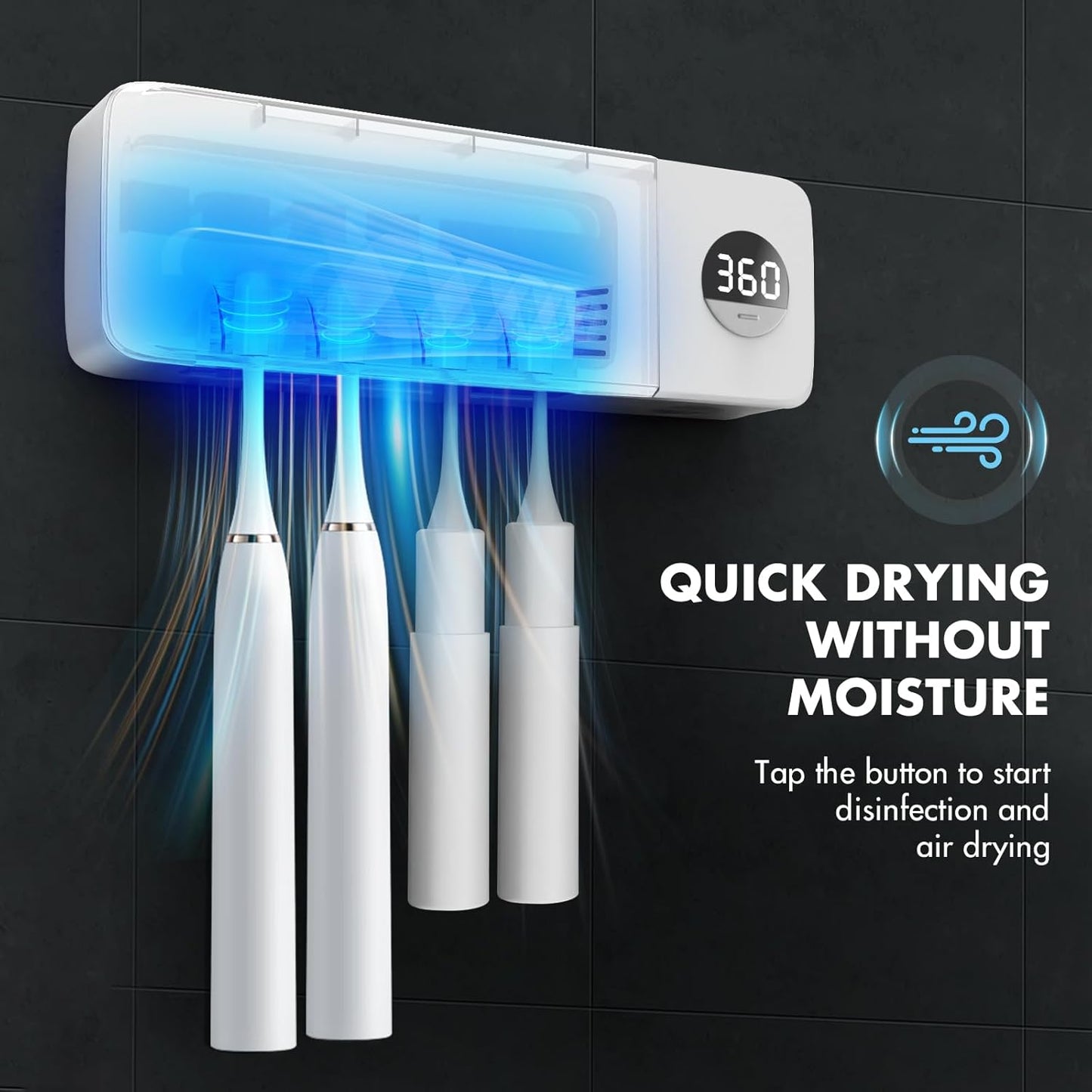 Auntyfey Sanitizeri Toothbrush Holder, Sanitizeri Toothbrush Cleaner, 2000mAh Rechargeable Cordless Wall Mounted Holders for Bathroom, 4 Slots & Timer Function, White