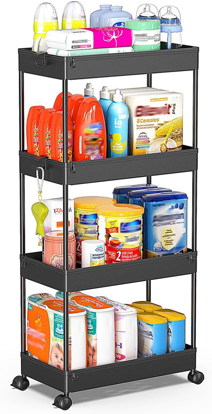 SPACEKEEPER 5-Tier Rolling Cart, Bathroom Storage Organizer Utility Cart, Mobile Shelving Unit Slide Out Shelves for Kitchen Living Room Laundry Room & Dressers, Black