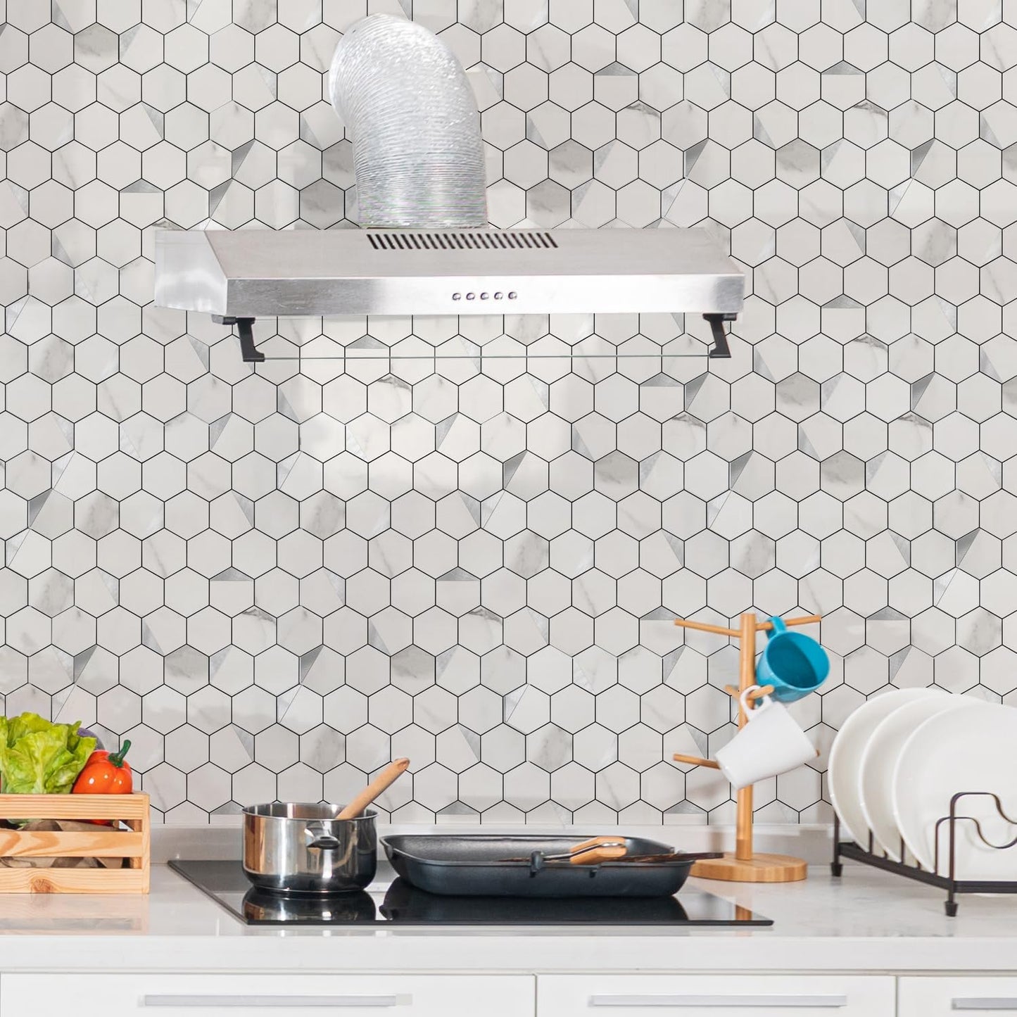 10-Sheet Heavy-Duty Hexagon Peel and Stick Backsplash, Thick Waterproof &Heat Resistant Stick on Wall Tiles, Slate Beige Mosaic for Kitchen & Bathroom, Strong Adhesive Permanent PVC Tiles