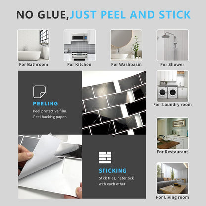 URCOLOR 10-Sheet Subway Tile Peel and Stick Backsplash for Kitchen,12"x12" Self Adhesive Wall Tiles Sticker on Back Splashes for Bathroom Gray Marble Design