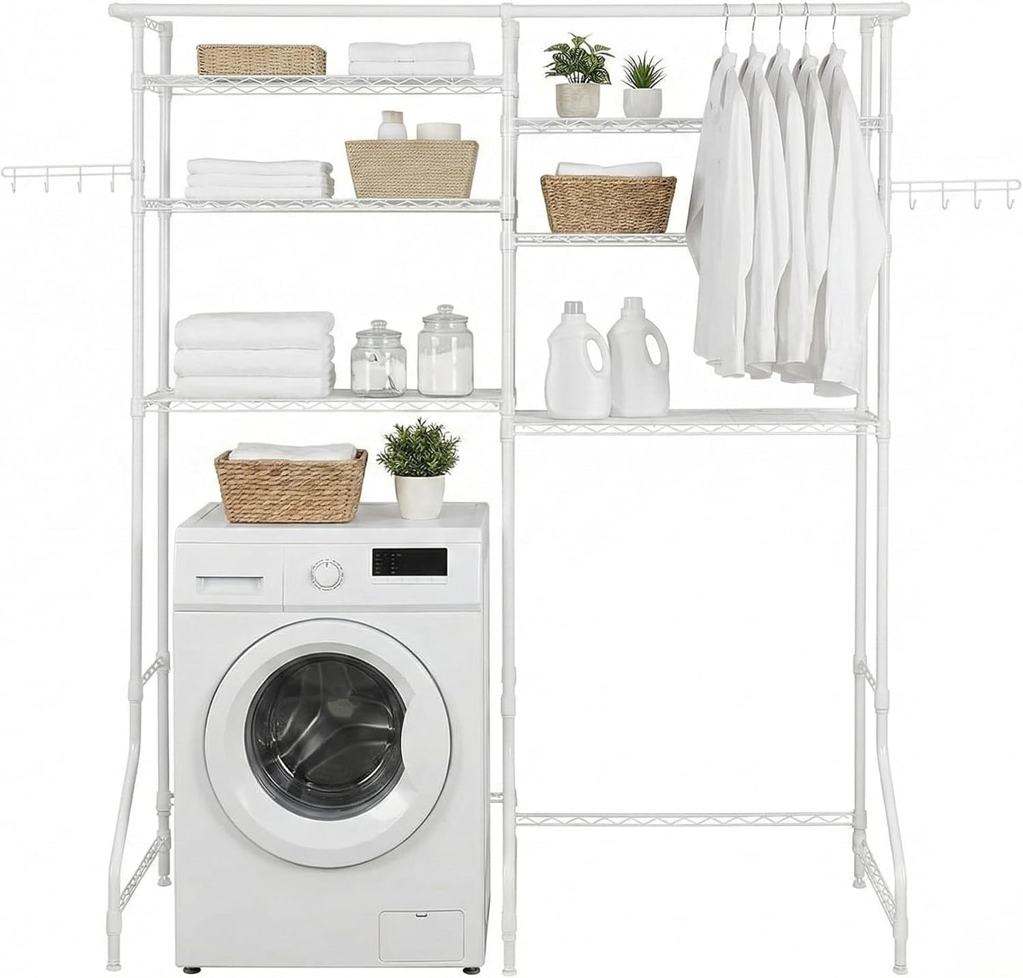 Over the Washer and Dryer Storage Shelf, 6-Tier Laundry Room Organizer with Hanging Rod & Hooks, Adjustable Heavy Duty Carbon Steel Space Saver Rack, Fits Most Washers and Dryers, Black (White)