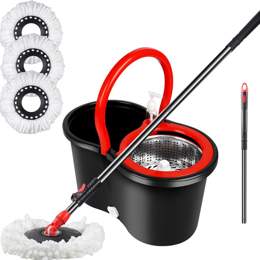 Spin Mop and Bucket with Wringer Set, 360° Spinning Mop Bucket System with 3 Microfiber Mop Replacement Heads, Adjustable Handle for Floor Cleaning (Green)