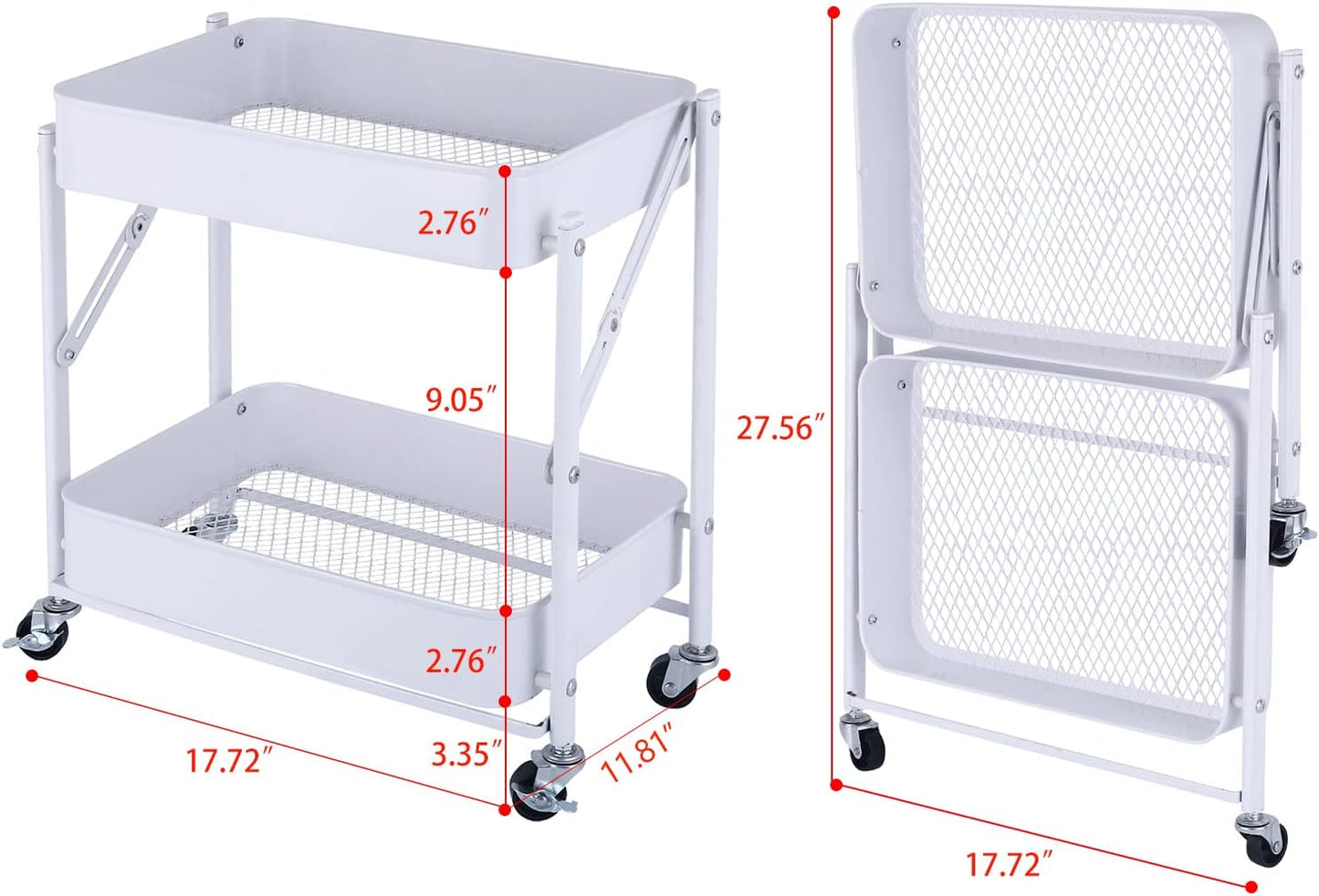 2-Tier Utility Rolling Cart Storage Sofa Side Table with Wheels, Mobile Trolley Organizer with for Office Home Kitchen Organization, Cream White