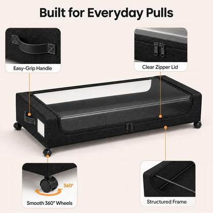 Camkey® Under Bed Storage with 360° Wheels, 2-Pack, 60L Low-Profile Rolling Underbed Bins for Clothes, Shoes, Toys & Books,Easy Pull-Out, Dust Protection, Space-Saving Organizer for Bedroom/Dorm,Black