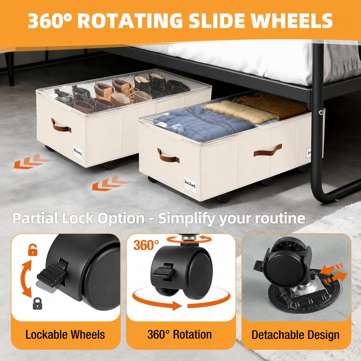 Under Bed Storage with Wheels,Underbed Storage with Sturdy Sidewalls/Bottom, Clear Cover, Label and PU Handle, Rolling Under Bed Drawers for Clothes, Shoes, 6.5 Inch Height,Black, 2 Pack