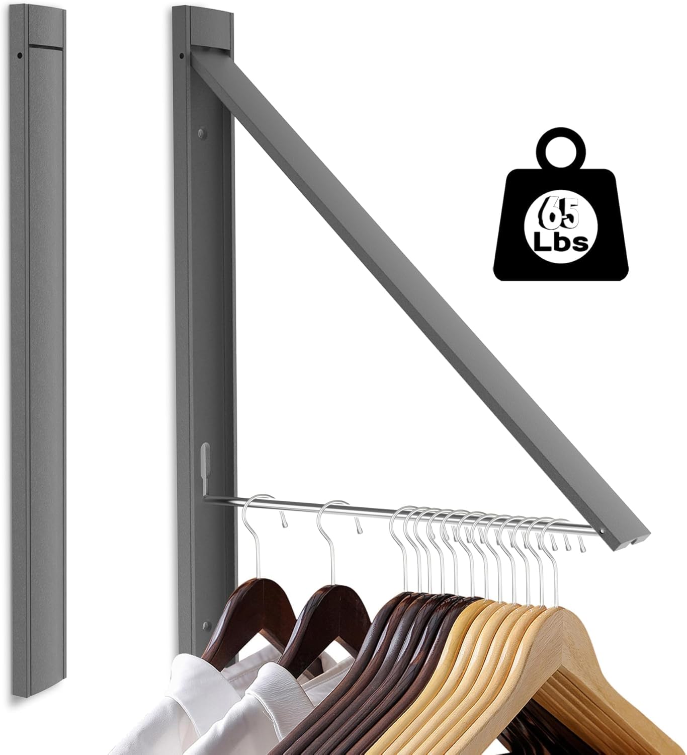 No Drill Wall Mounted Drying Rack 65 lb Aluminum, White | Wall rack folds flat to 0.39 inch. Holds 8-11 shirts. Pearl white finish for apartment, bathroom, RV, dorm.