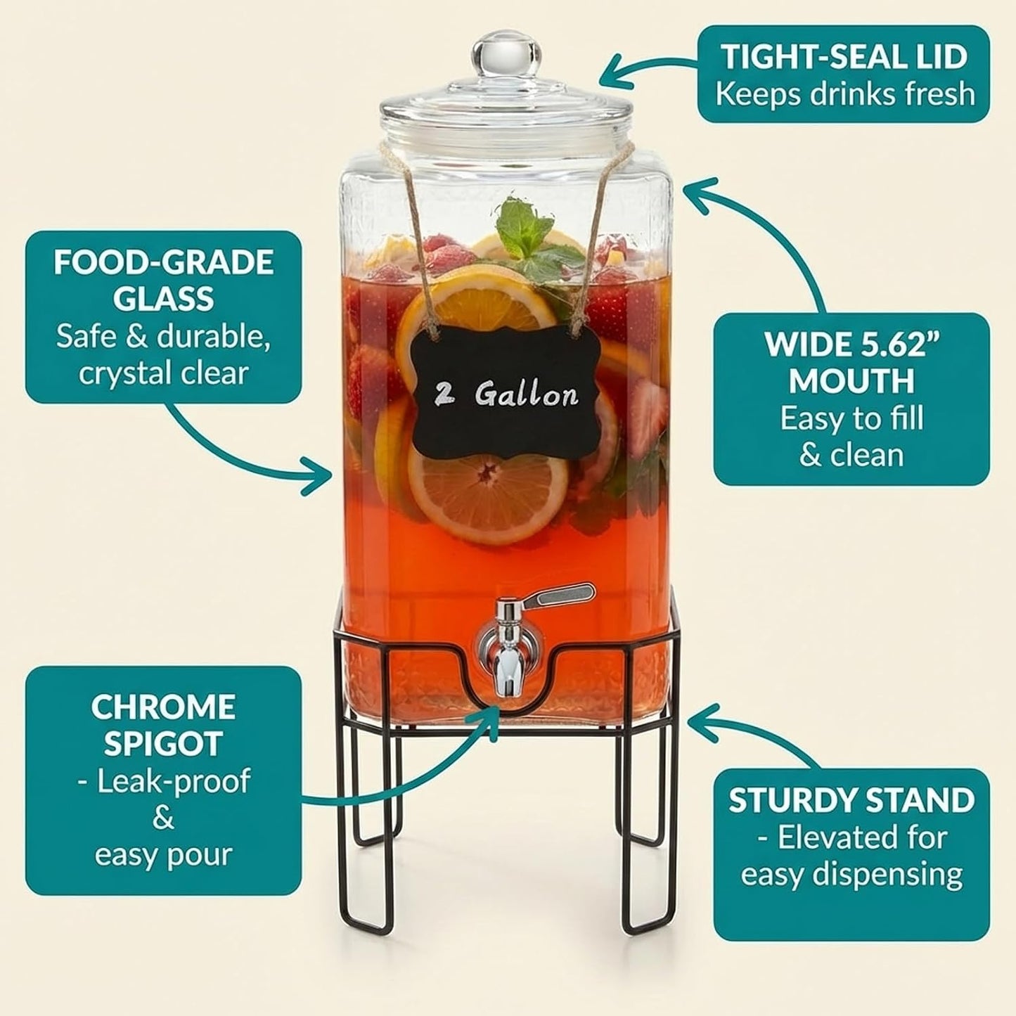 1.5 Gallon Glass Drink Dispenser, Drink Dispensers for Parties, Beverage Dispenser with Stand and Glass Lid, 100% Leakproof Spigot, Ideal for Lemonade, Juice, Iced Tea, Laundry Detergent
