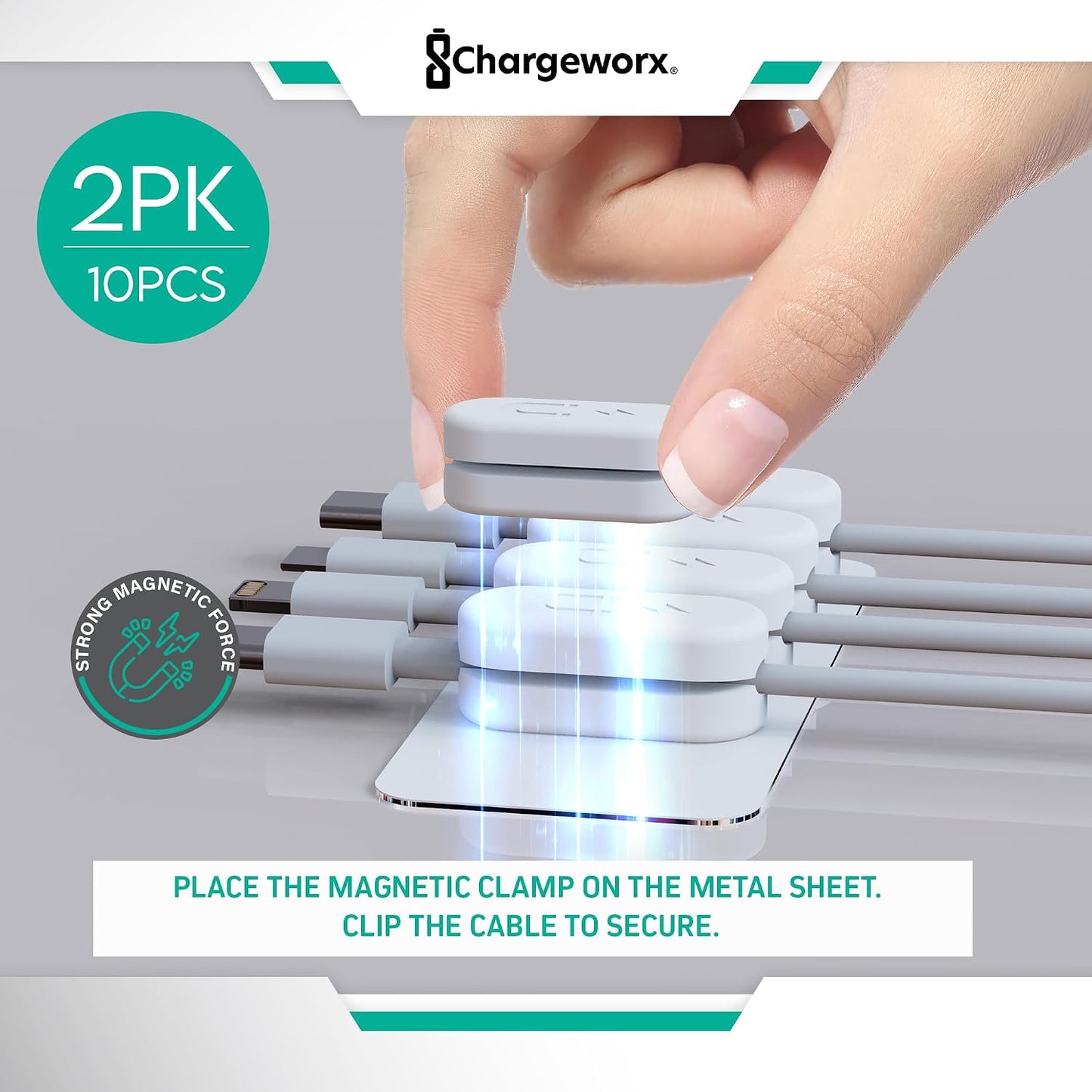 Chargeworx Magnetic Cable Clips - Cord Holder Organizer, No Drill Self-Adhesive Base, Cable Organizer, Repositionable Magnetic Clips, 5-Pack, USB-C Lightning Micro-USB, Desk Nightstand Wall Car, Black